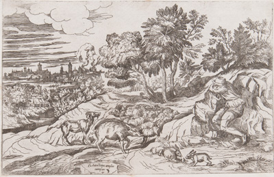 Titian etching from 1682 Landscape with Sleeping Shepherd